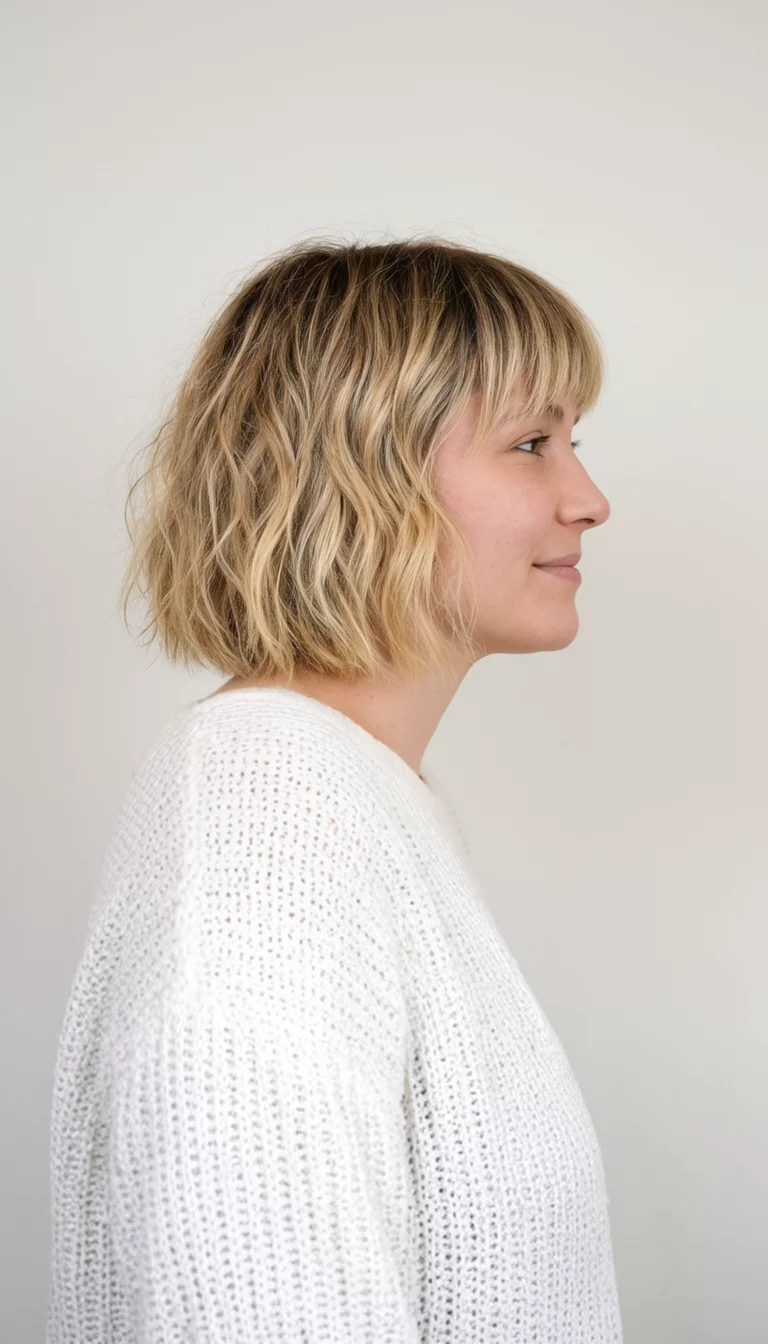 Frosted White Gold casual photo of a 27-year-old woman wearing a white knitted top with a blonde colored tousled bob haircut with bangs hairstyle, side view, plain background
