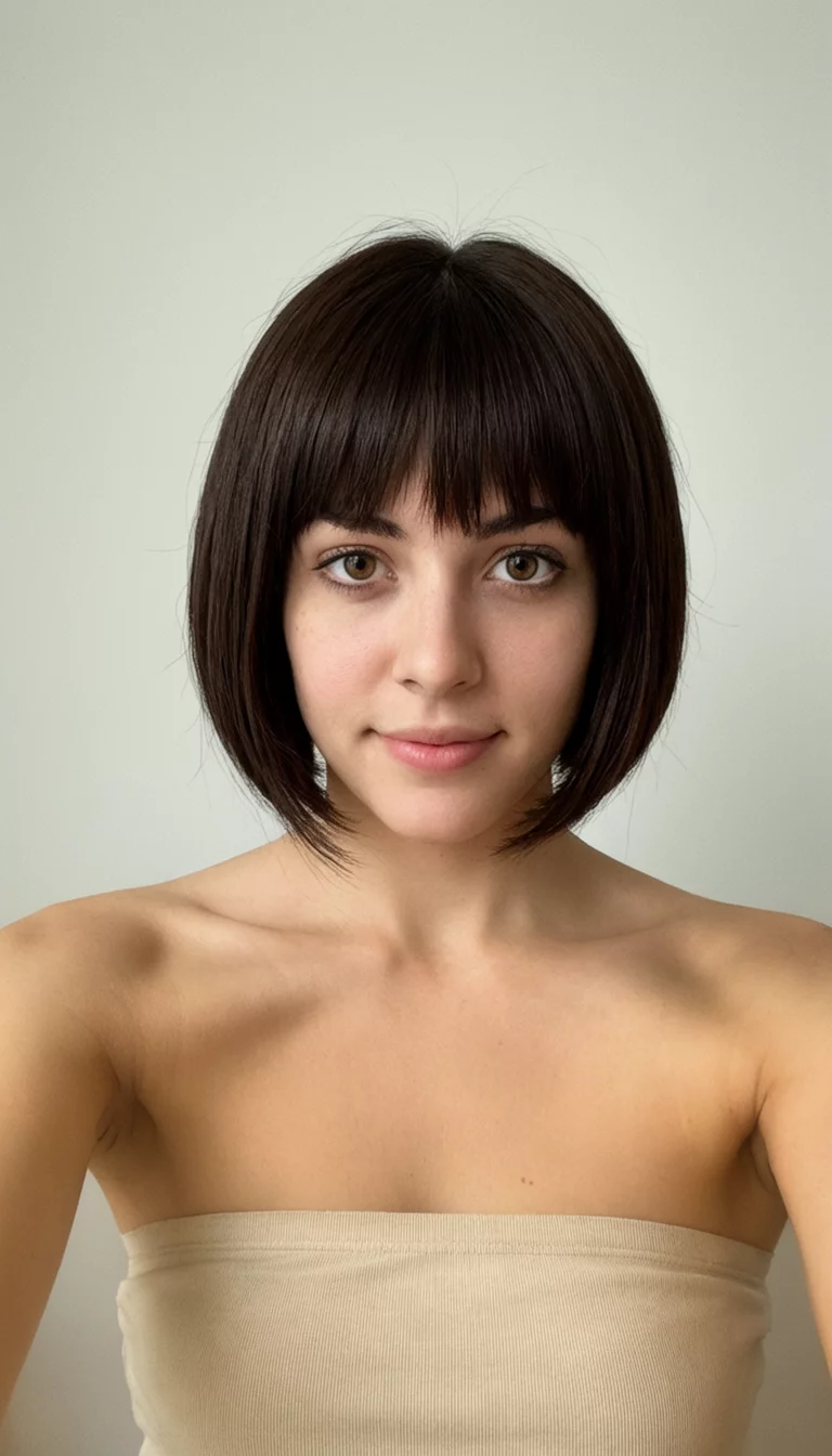 Sharp Cocoa Bean selfie of a 23-year-old woman wearing a light-colored strapless top with a dark brown colored sharp bob hairstyle, front view, plain background