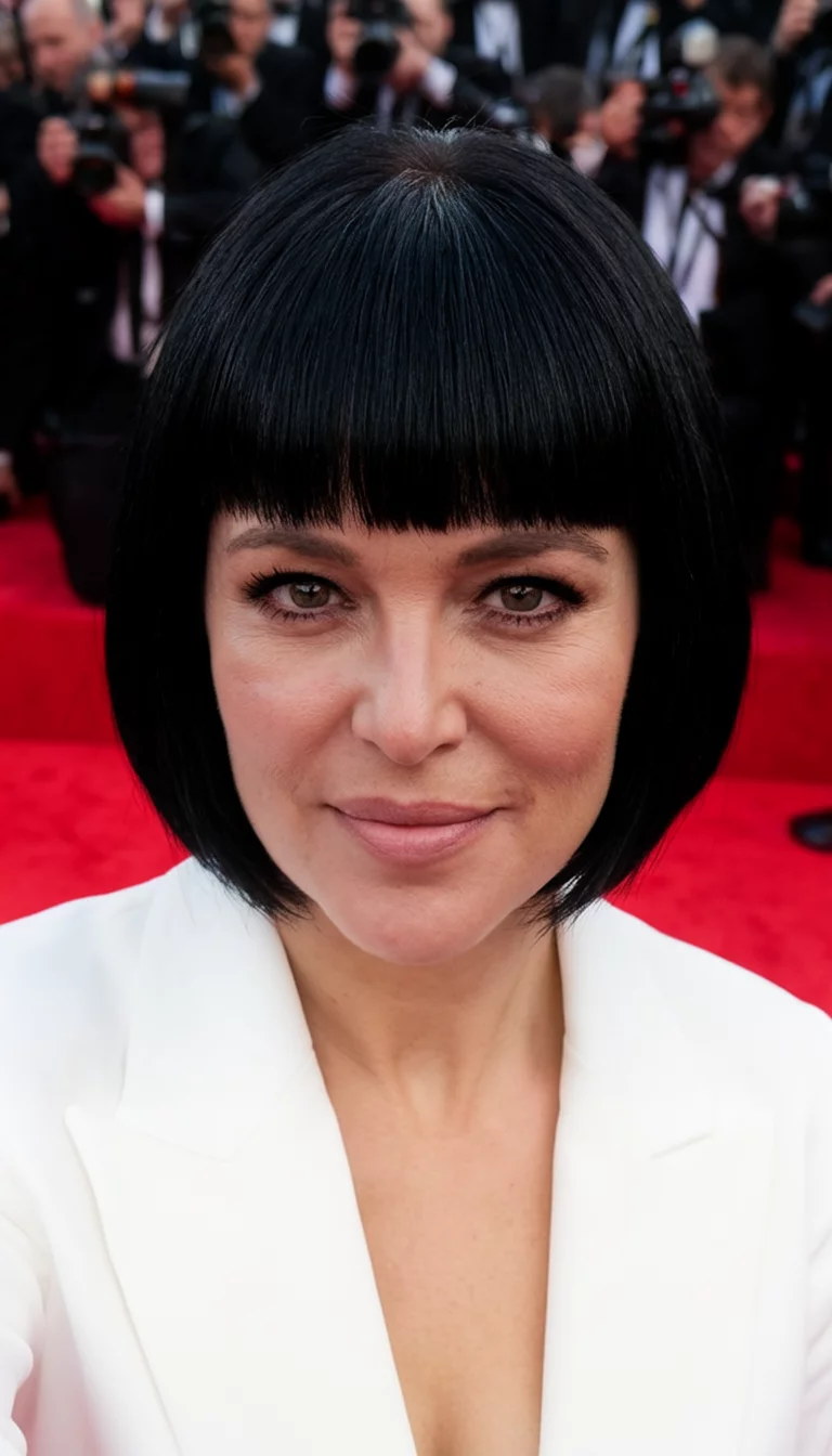 Obsidian Glass Bob selfie of a 32-year-old woman wearing a white blazer with a jet-black colored sleek bob hairstyle, front view, red carpet background