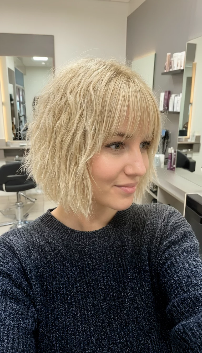 Sunny Vanilla Shag selfie of a 26-year-old woman wearing a dark grey sweater with a blonde colored shaggy bob haircut with bangs hairstyle, front-side view, salon setting