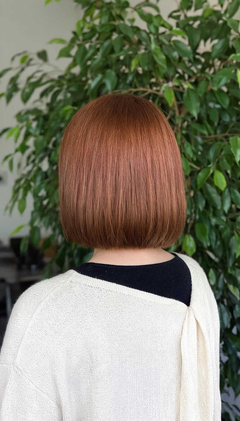 Polished Copper Reflection casual photo of a 31-year-old woman wearing a black top and a cream-colored cardigan with a copper-toned colored sleek bob hairstyle, back-side view, lush green plant in the background