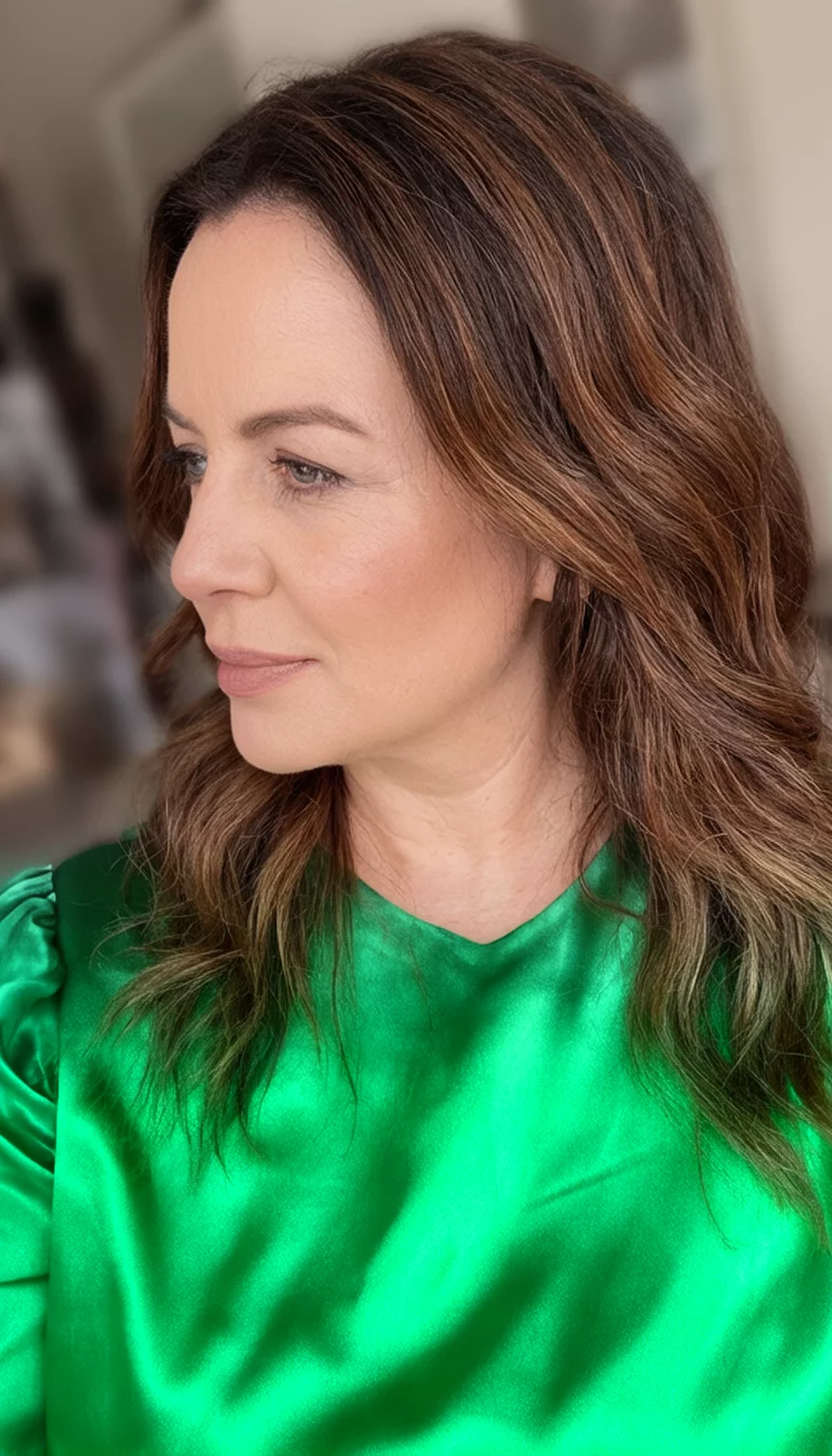 Satin Moss Brown selfie of a 31-year-old woman wearing a green satin top with a multi-toned brown hairstyle, side view, blurred background