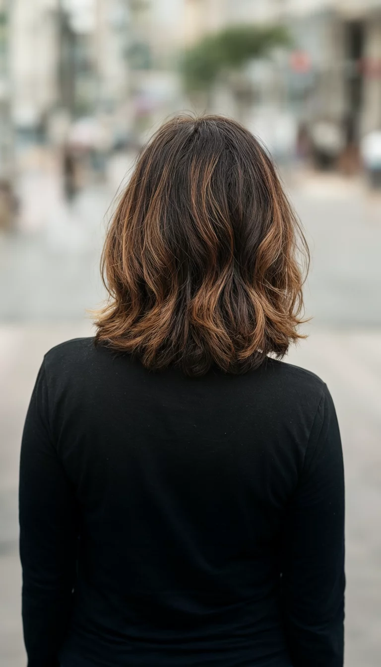 Multi Tonal Caramel Swirl casual photo of a 38-year-old woman wearing a black long-sleeved shirt with a multi-toned brown hairstyle, back view, blurry background