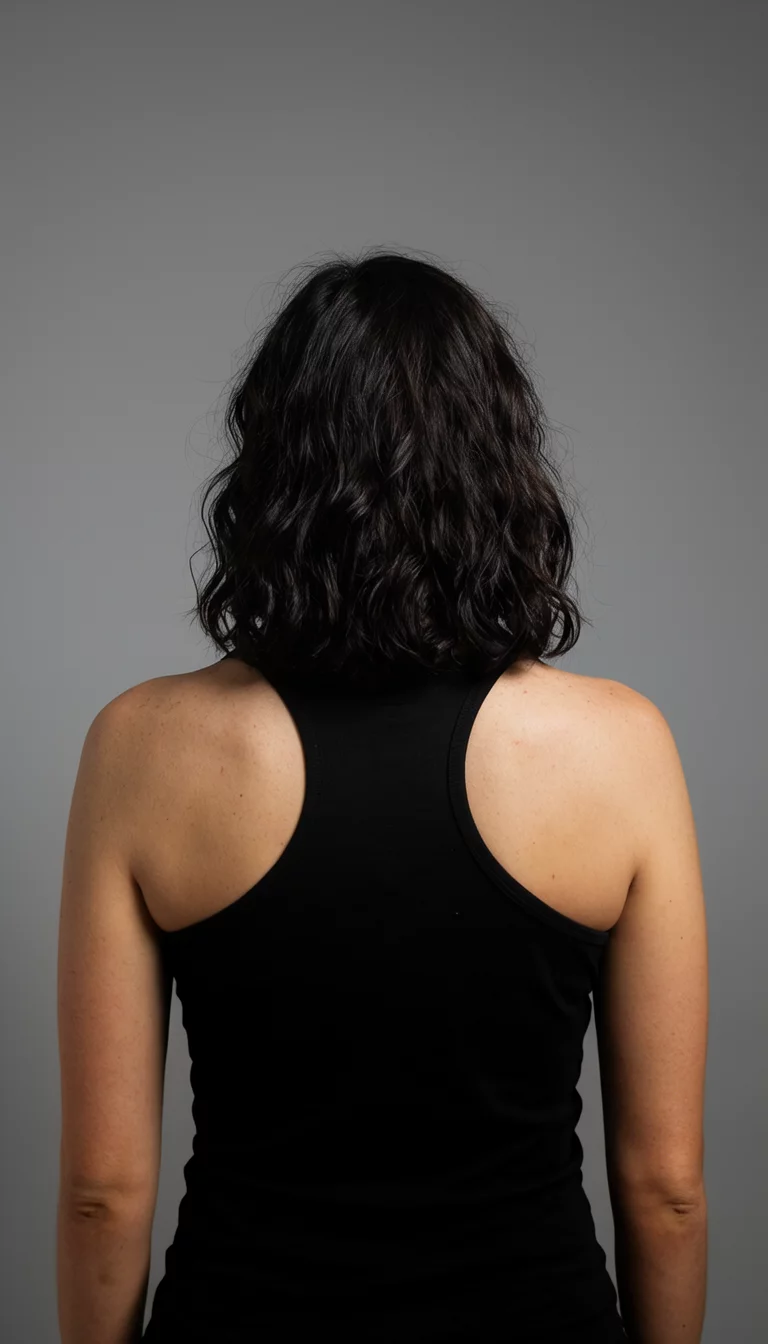 Smoky Midnight Espresso casual photo of a 28-year-old woman wearing a black tank top with a dark wavy hairstyle, back view, plain grey studio