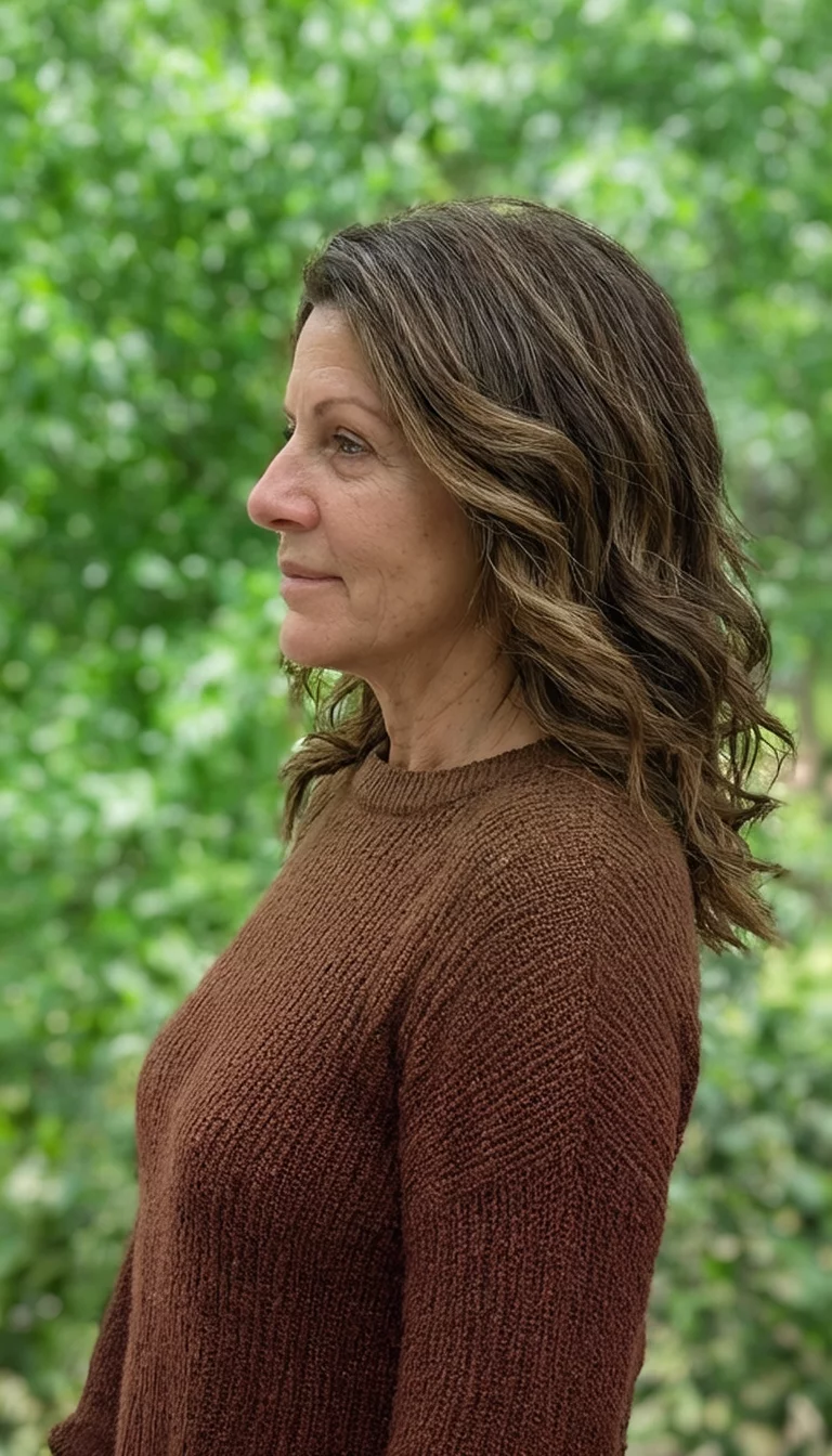 Autumn Forest Walnut casual photo of a 41-year-old woman wearing a brown sweater with a layered wavy brown hairstyle, side view, outdoor greenery with blurred background