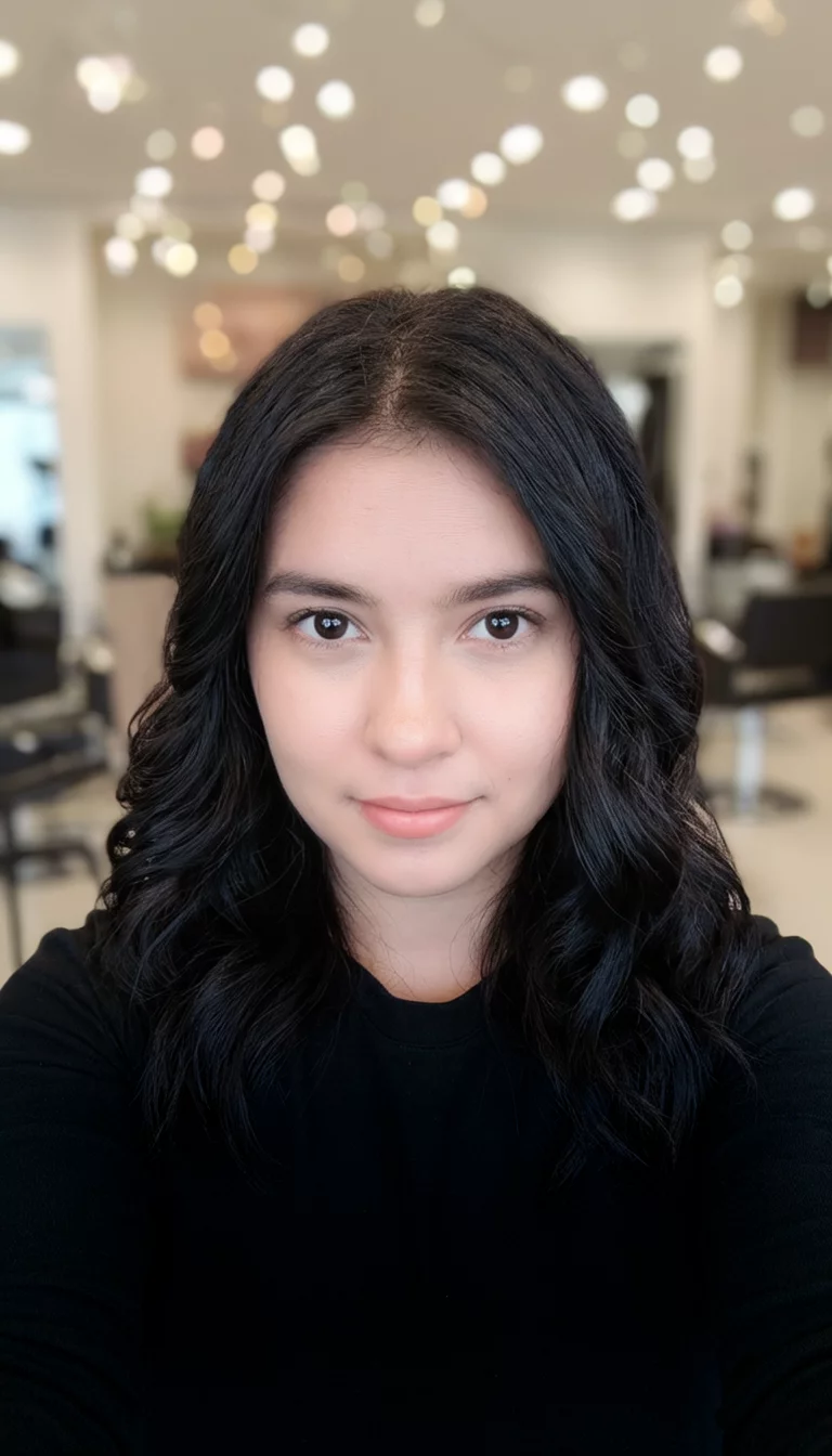 Sun Kissed Mocha Glow selfie of a 24-year-old woman wearing a black top with a dark wavy hairstyle, front view, salon with bokeh background