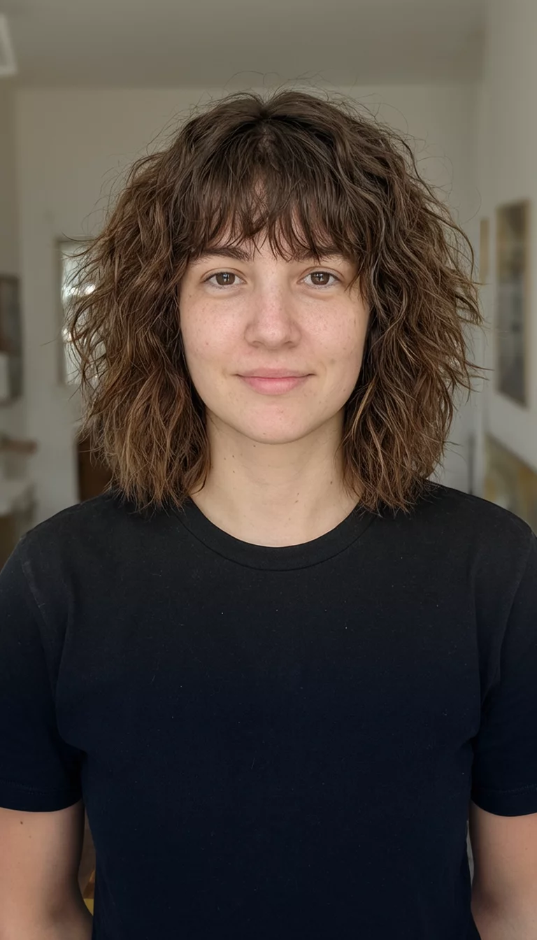 Textured Cocoa Contrast casual photo of a 29-year-old woman wearing a black shirt with a choppy wavy brown hairstyle, front view, indoor setting
