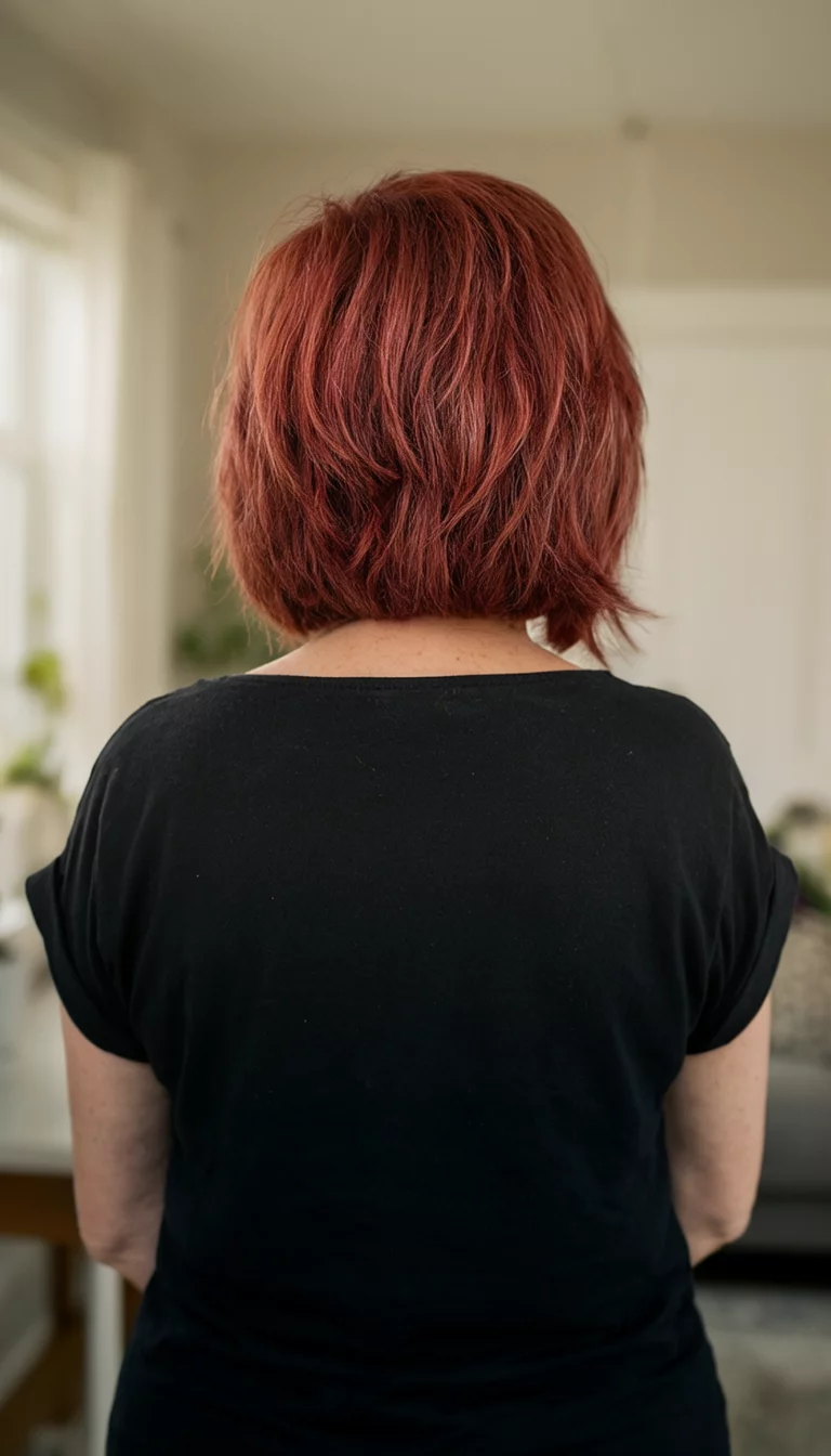 Cinnamon Bark Shag casual photo of a 47-year-old woman wearing a black top with a reddish-brown layered hairstyle, back view, indoor setting