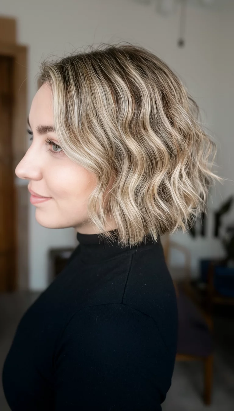 Frosted Almond Bob casual photo of a 25-year-old woman wearing a black top with a wavy blonde highlighted bob hairstyle, side view, indoor setting