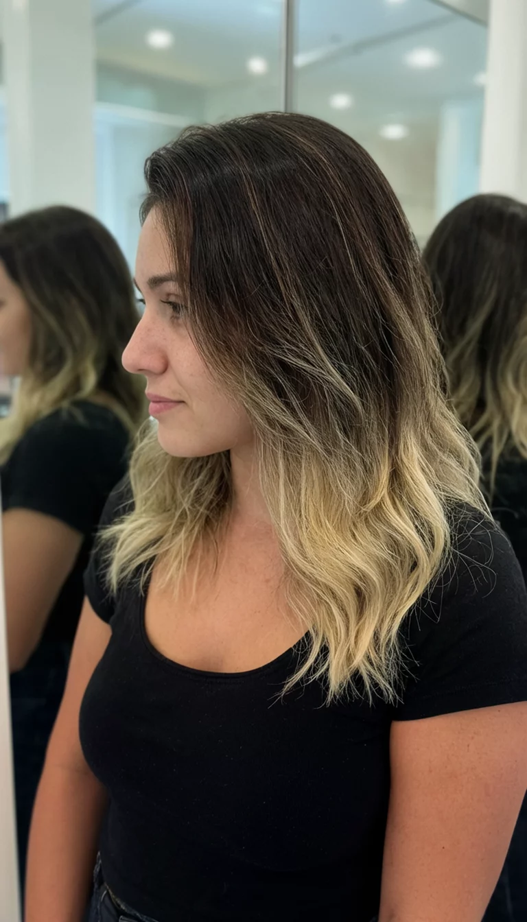 Amber Reflective Ombre casual photo of a 27-year-old woman wearing a black top with a dark brown and blonde ombre hairstyle, side view, mirrored background