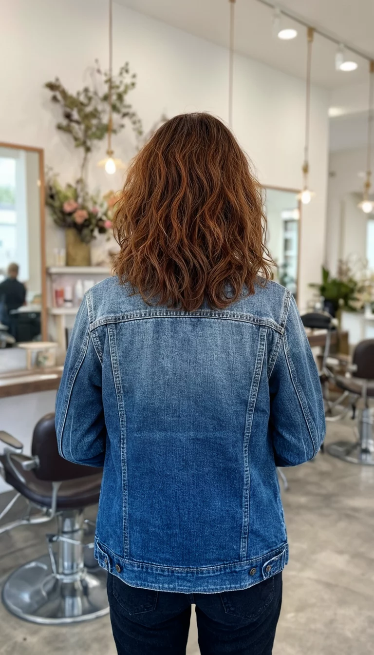 Layered Denim Blue Brown casual photo of a 32-year-old woman wearing a denim jacket with a brown colored loose layers hairstyle, back view, salon with decor