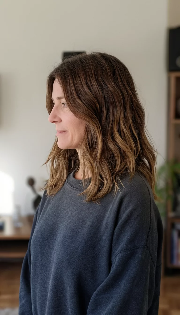 Slate Shadow Brown casual photo of a 39-year-old woman wearing a dark gray sweatshirt with a multi-toned brown hairstyle, side view, indoor setting