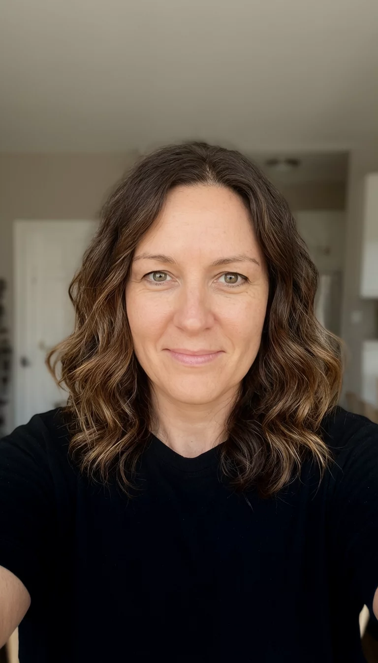 Sunset Copper Infusion selfie of a 30-year-old woman wearing a black shirt with a wavy brown hairstyle, front view, indoor setting