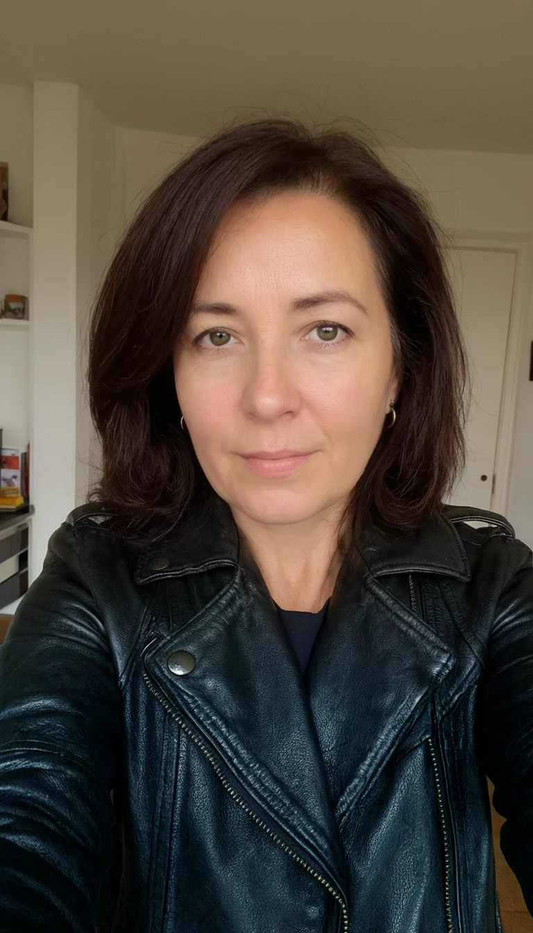 Ebony Leather Brown selfie of a 36-year-old woman wearing a black leather jacket with a dark brown hairstyle, front view, indoor setting