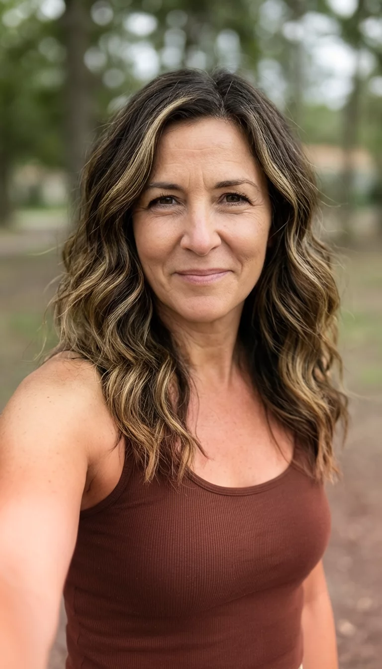 Toasted Hazelnut Highlights selfie of a 35-year-old woman wearing a brown tank top with a wavy brown with highlights hairstyle, front view, softly blurred background