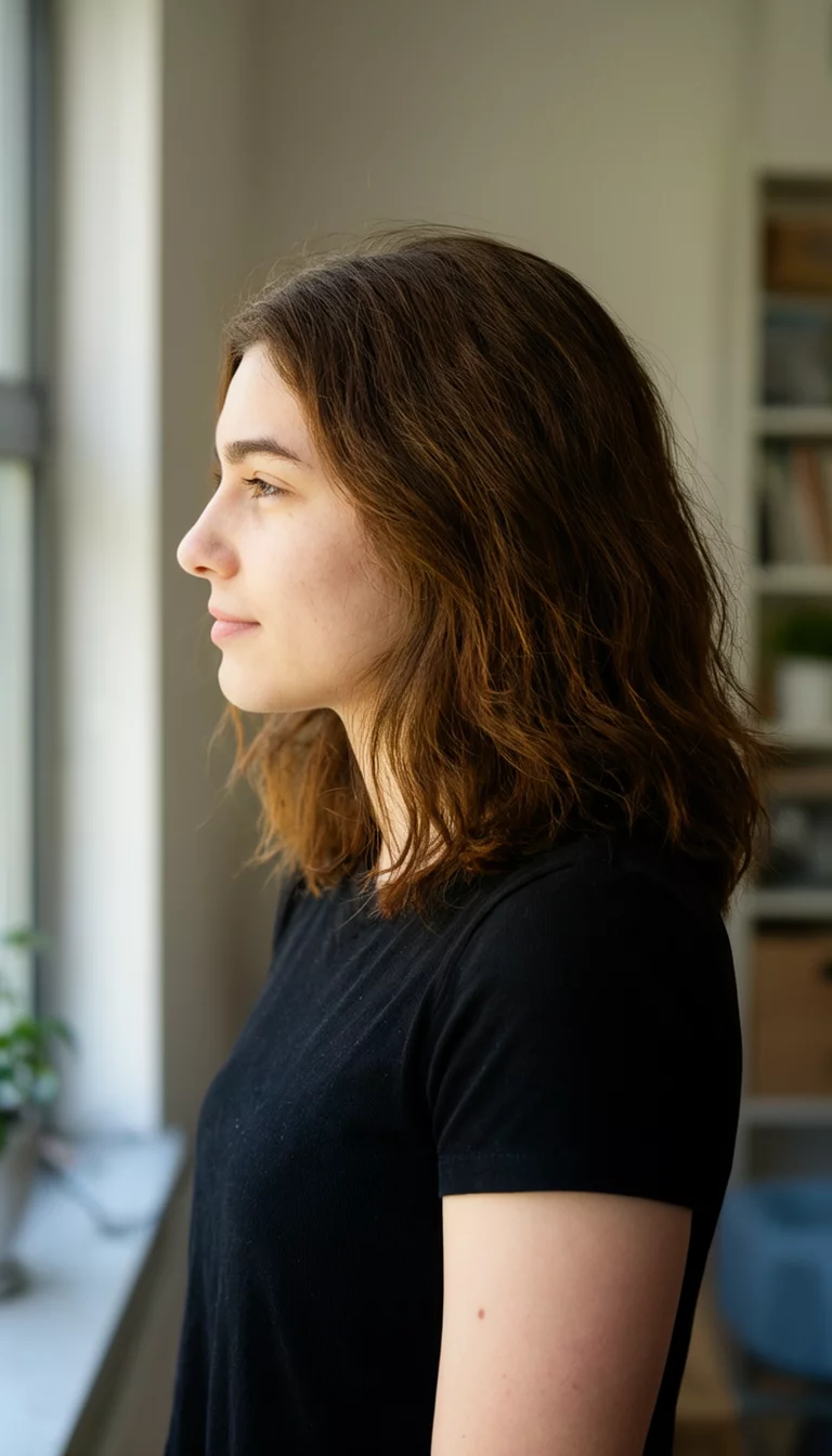 Soft Sable Waves casual photo of a 22-year-old woman wearing a black top with a brown hairstyle, side view, indoor setting