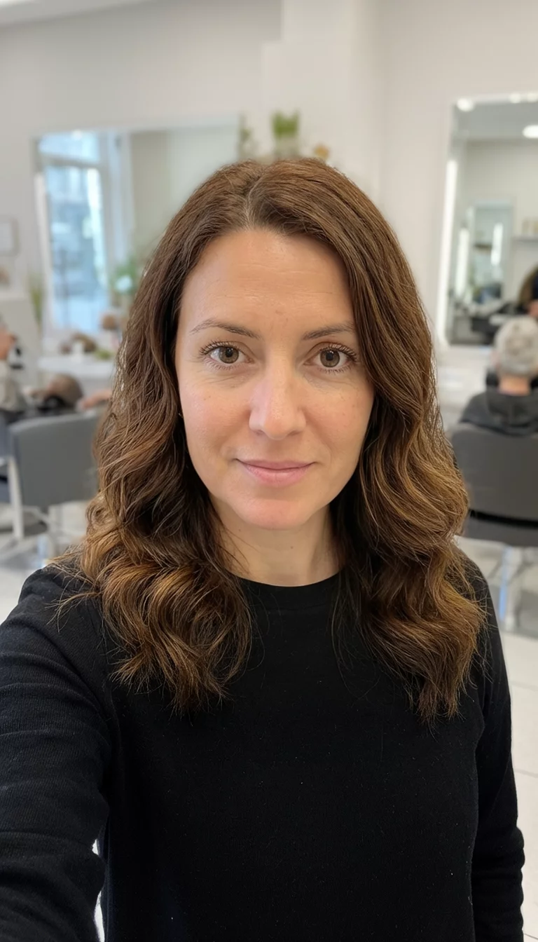 The Transitional Trio selfie of a 33-year-old woman wearing a black top with a brown wavy hairstyle, front view, salon background