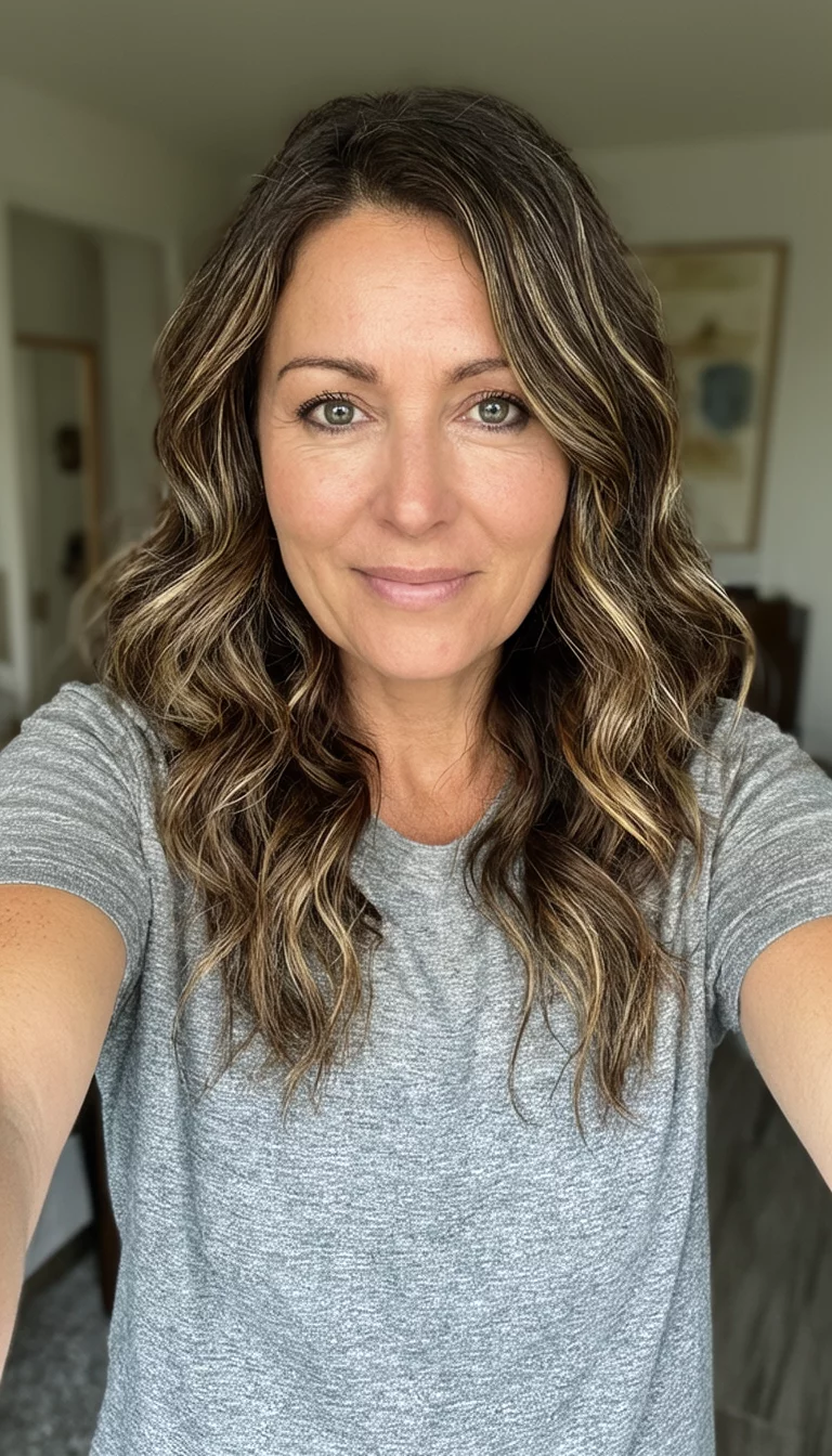 Mushroom Brown Dream selfie of a 34-year-old woman wearing a grey t-shirt with a wavy brown and light highlights hairstyle, front view, indoor setting
