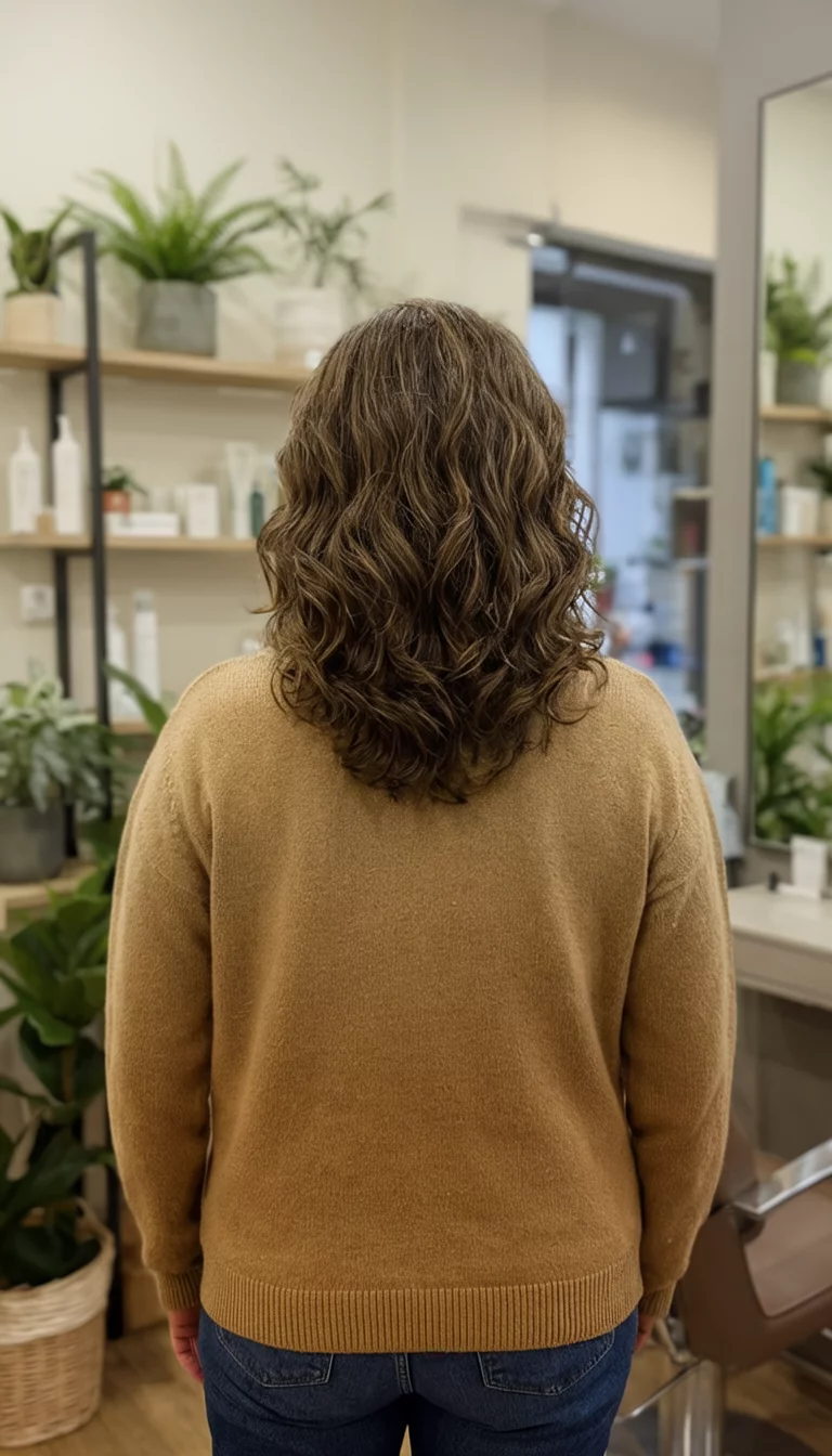 Gingerbread Latte Balayage casual photo of a 45-year-old woman wearing a tan sweater with a wavy brown hairstyle, back view, salon with shelves and plants
