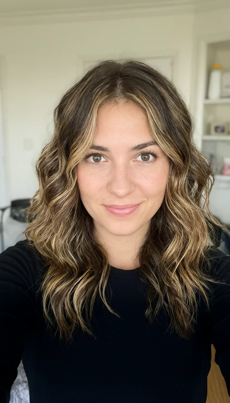 Butterscotch Ribboned Brunette selfie of a 26-year-old woman wearing a black top with a wavy brown and blonde highlighted hairstyle, front view, indoor setting