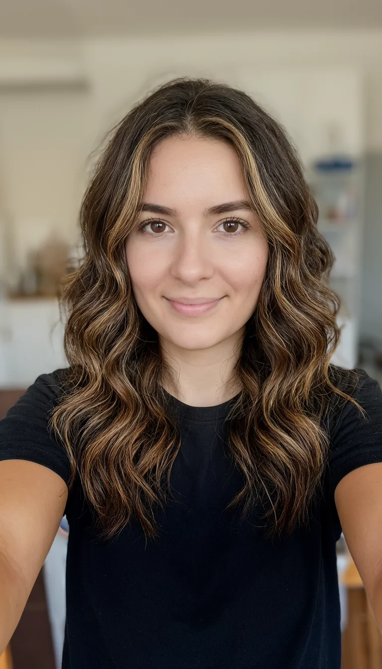 Cider Sparkle Brunette selfie of a 23-year-old woman wearing a black t-shirt with a wavy brown with highlights hairstyle, front view, indoor blurred background