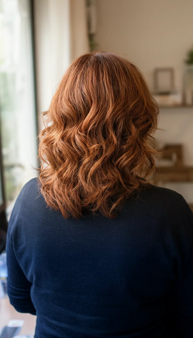 Copper Penny Brunette casual photo of a 43-year-old woman wearing a dark top with a copper-brown wavy hairstyle, back view, indoor setting