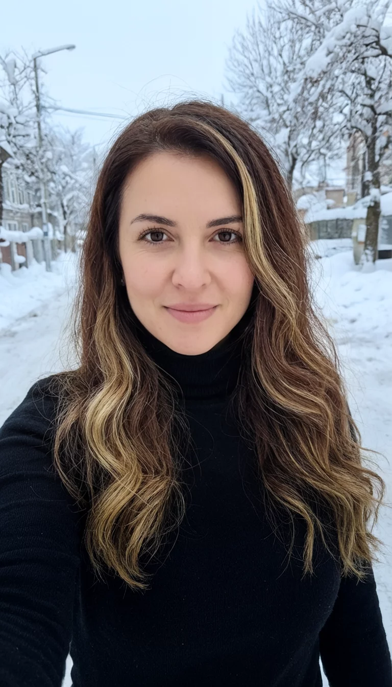 selfie of a 30-year-old woman wearing a black turtleneck with a long, wavy brown hair with blonde highlights hairstyle, front view, snow covered street background