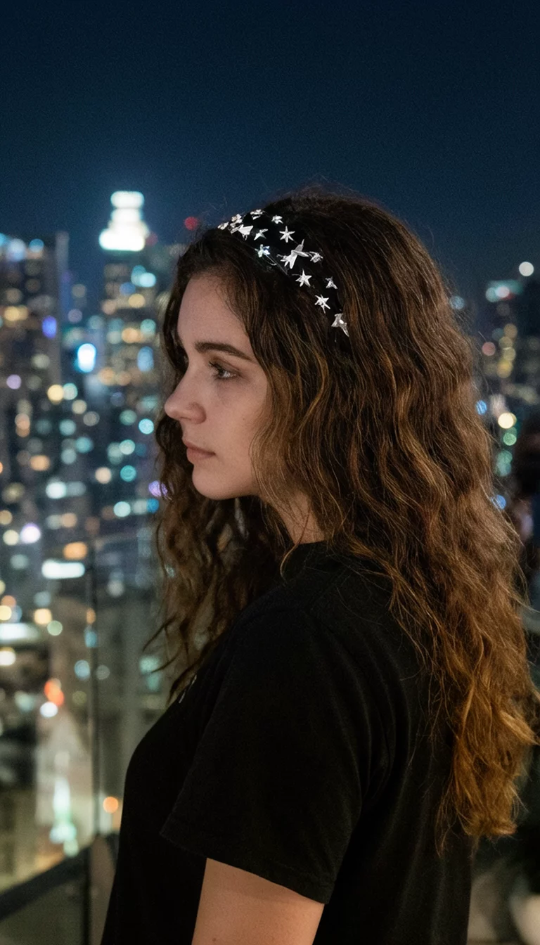 casual photo of a 22-year-old woman wearing a black t-shirt with a wavy brown hair and a star-embellished headband hairstyle, side view, night city lights background