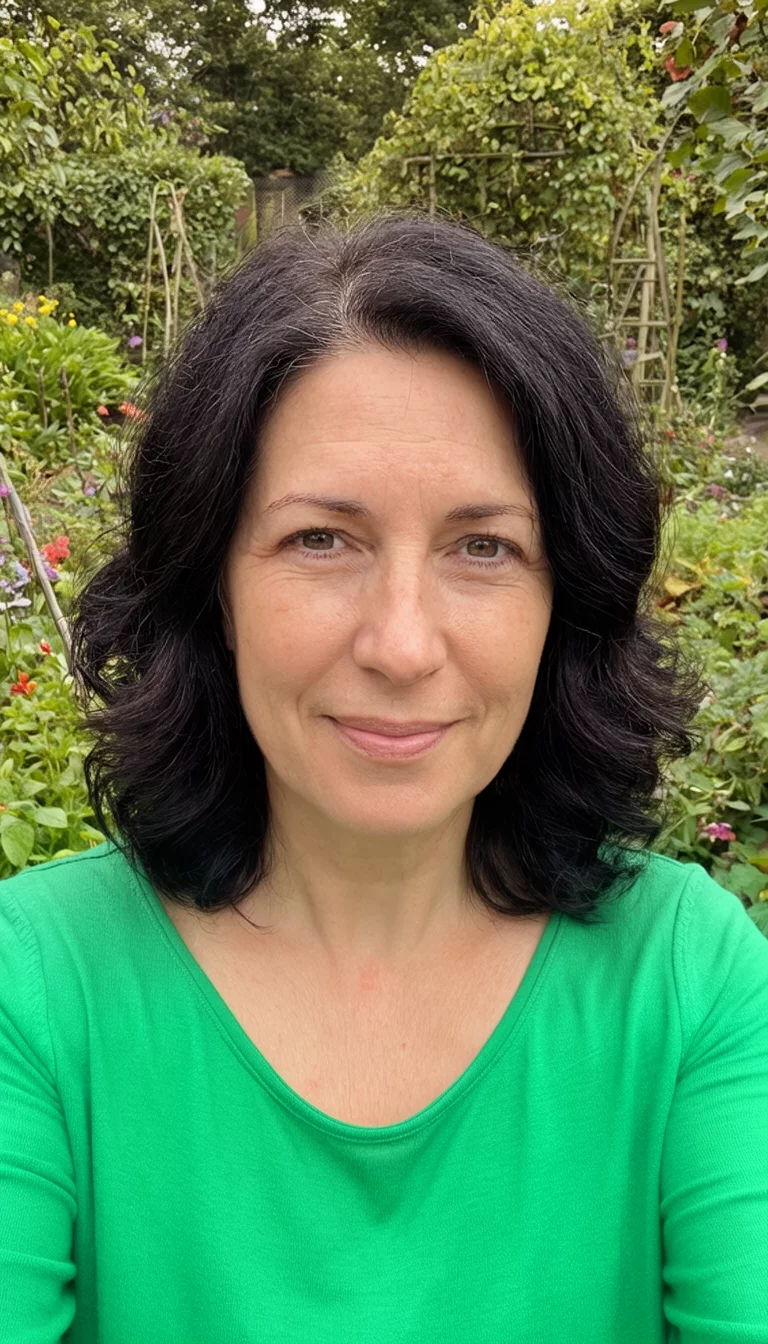 selfie of a 35-year-old woman wearing a green top with a dark, wavy, shoulder-length hair hairstyle, front view, garden background