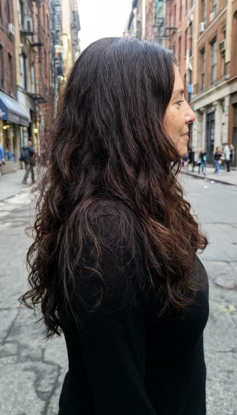 casual photo of a 39-year-old woman wearing a black top with a long, wavy, dark brown hair hairstyle, side view, urban street background
