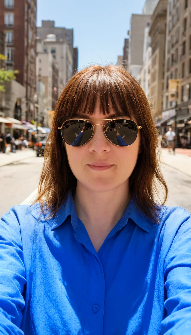 selfie of a 27-year-old woman wearing sunglasses and a blue collared shirt with a brown hair and bangs hairstyle, front view, sunny city street background