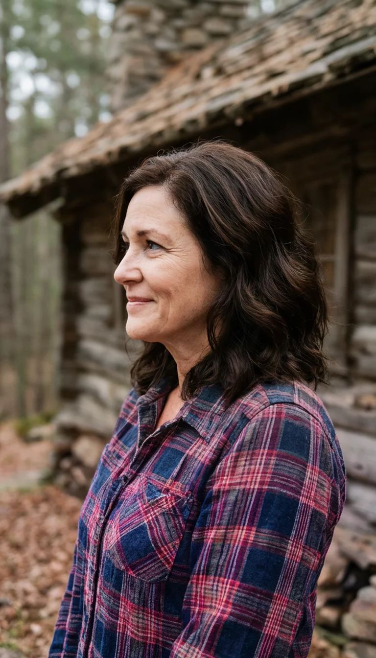 casual photo of a 45-year-old woman wearing a plaid shirt with a dark brown wavy hair hairstyle, side view, rustic cabin background