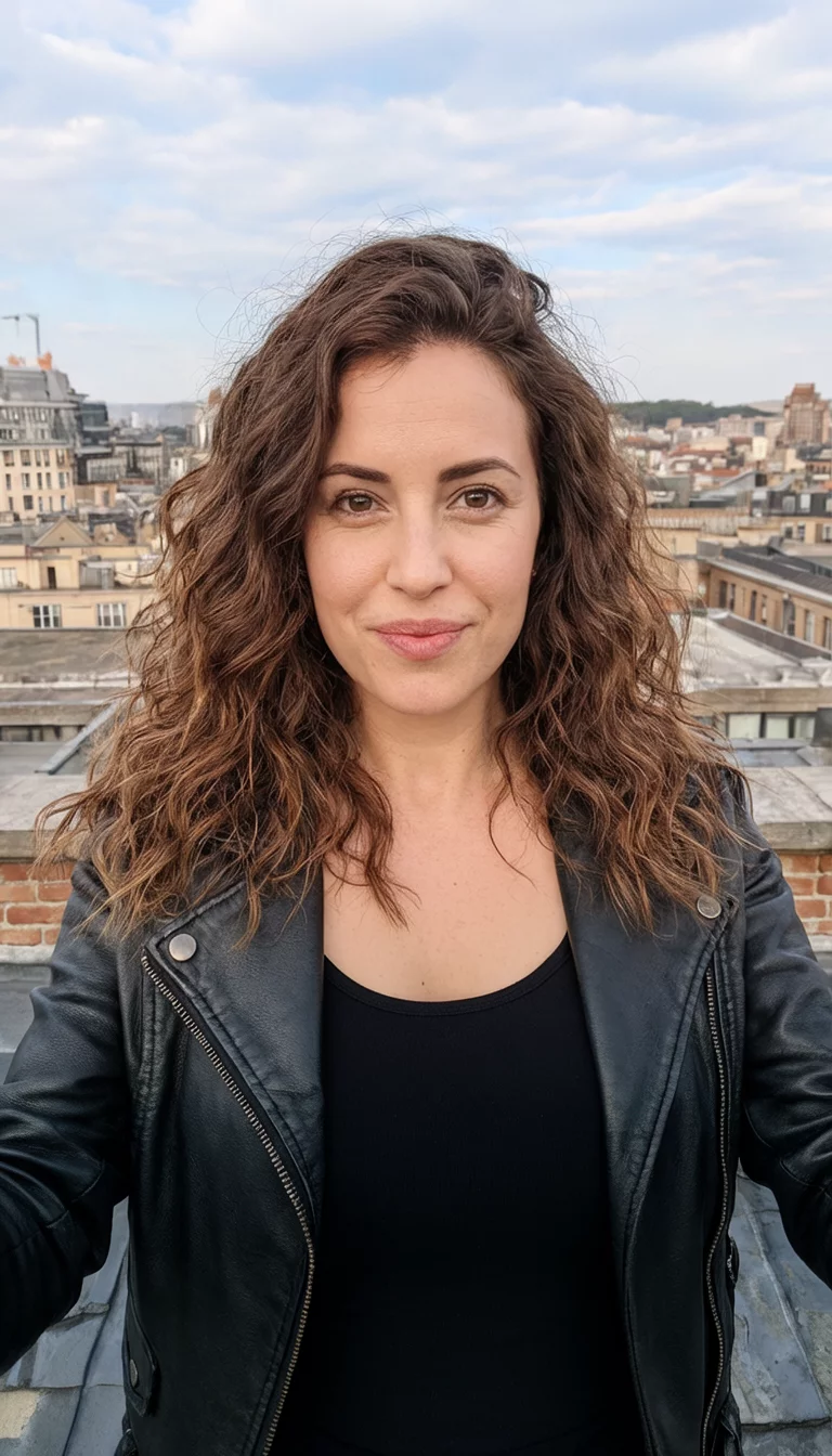 selfie of a 29-year-old woman wearing a black tank top and a leather jacket with a wavy brown hair hairstyle, front view, rooftop city background