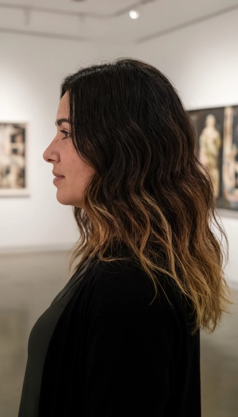 casual photo of a 33-year-old woman wearing a black top with a wavy dark brown hair and lighter ends hairstyle, side view, art gallery background