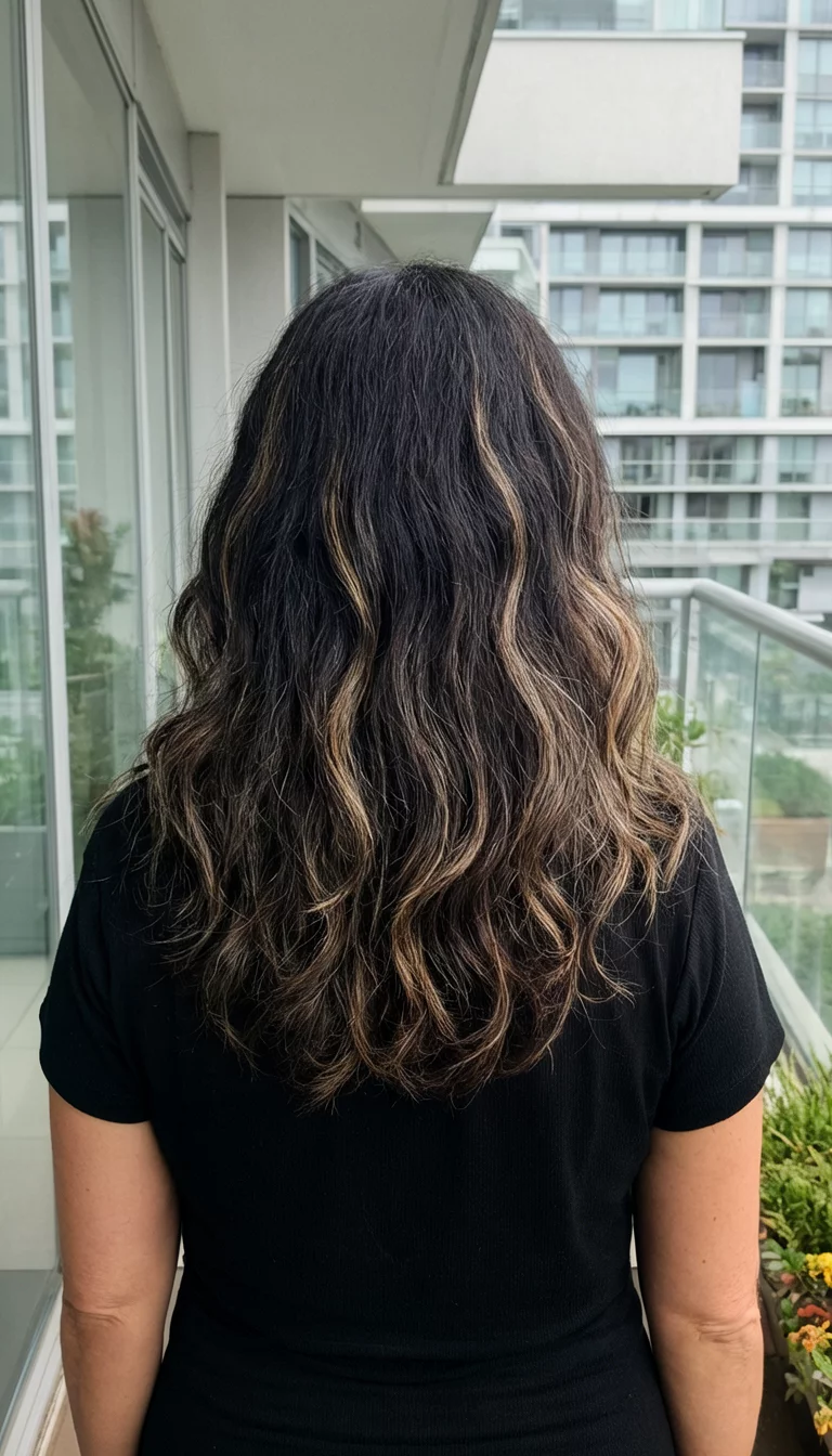 casual photo of a 48-year-old woman wearing a black top with a long, wavy dark brown hair with lighter highlights hairstyle, back view, modern apartment balcony background