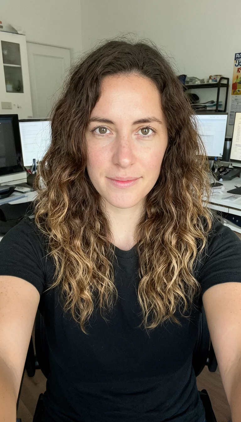 selfie of a 31-year-old woman wearing a black t-shirt with a brown wavy hair with lighter tones hairstyle, front view, home office background