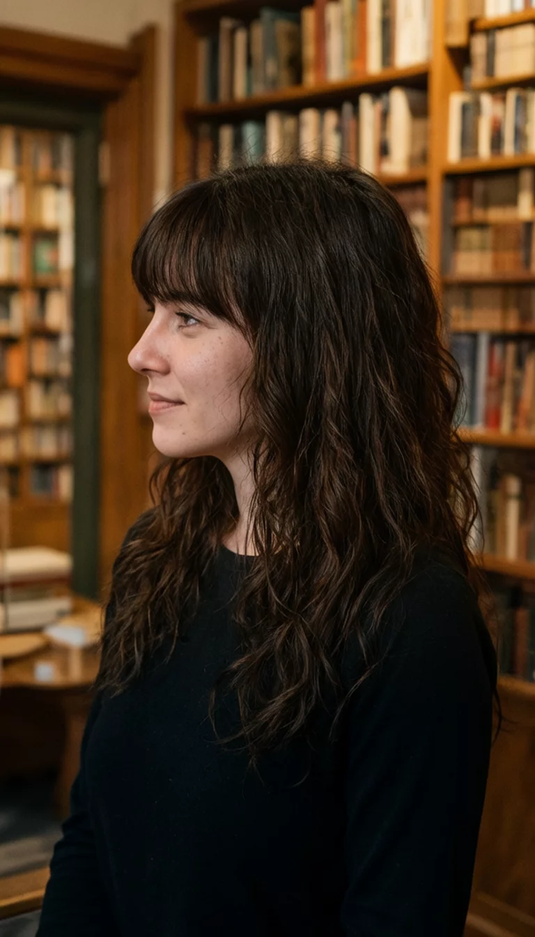 casual photo of a 25-year-old woman wearing a black long-sleeved shirt with a long, wavy dark brown hair and bangs hairstyle, side view, cozy library background