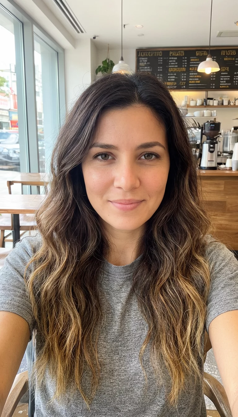 selfie of a 26-year-old woman wearing a grey t-shirt with a long, wavy brown hair with lighter highlights hairstyle, front view, bright cafe background
