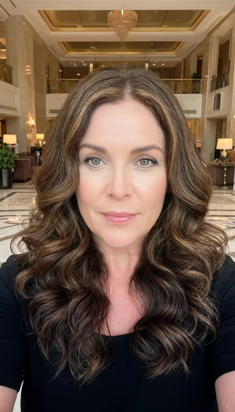 selfie of a 37-year-old woman wearing a black top with a voluminous, wavy brown hair with subtle highlights hairstyle, front view, luxury hotel lobby background