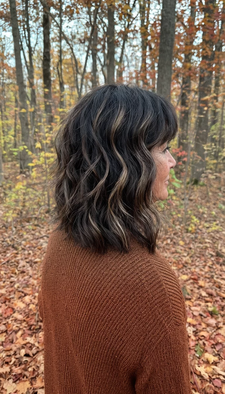 casual photo of a 42-year-old woman wearing a brown sweater with a layered, wavy dark brown hair with highlights hairstyle, side view, autumn forest background