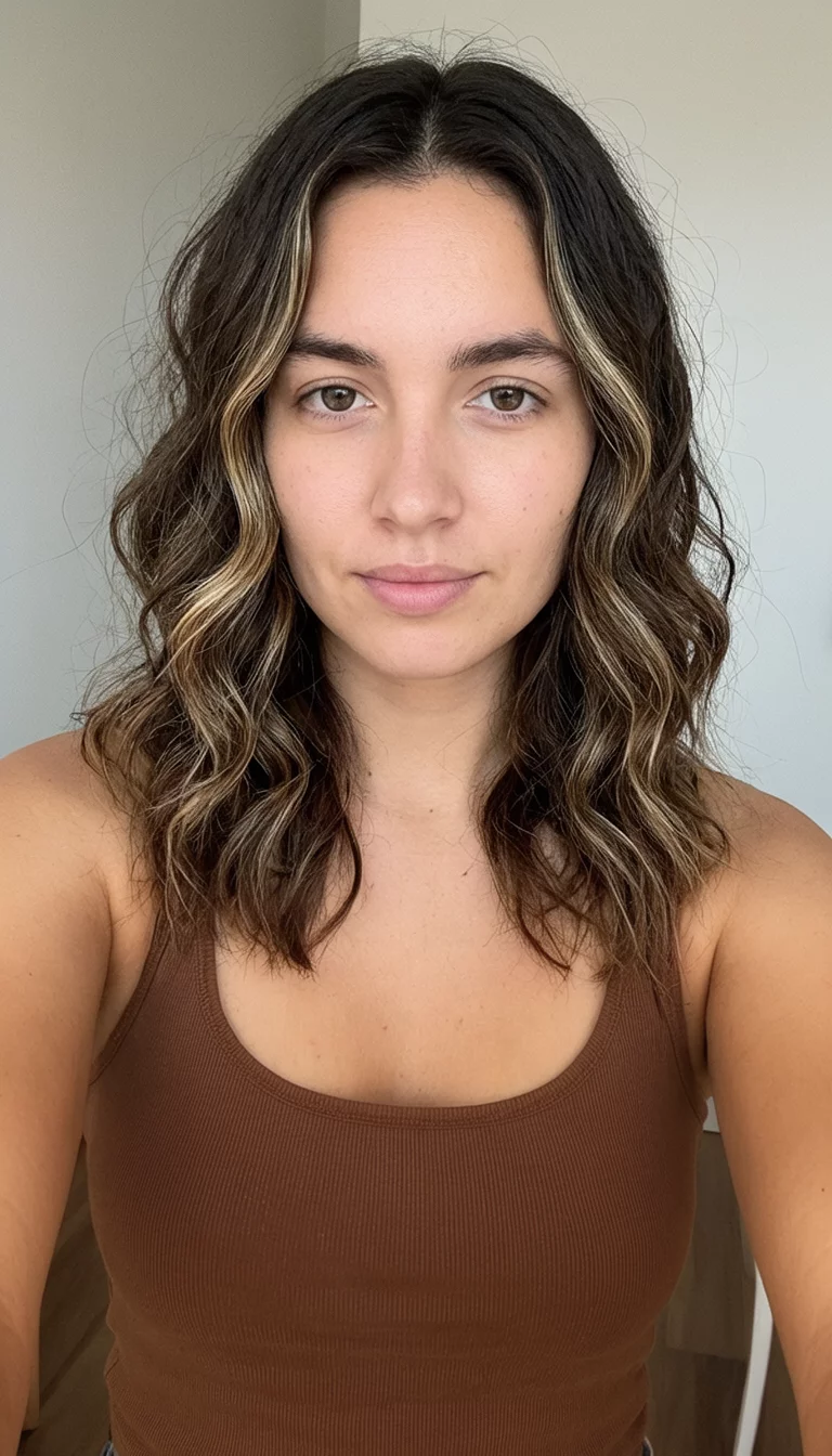 selfie of a 24-year-old woman wearing a brown tank top with a wavy brown hair and lighter streaks hairstyle, front view, neutral indoor background