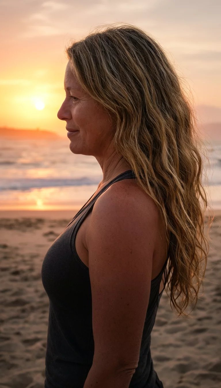 casual photo of a 38-year-old woman wearing a dark tank top with a long, wavy blonde-brown hair hairstyle, side view, sunset beach background