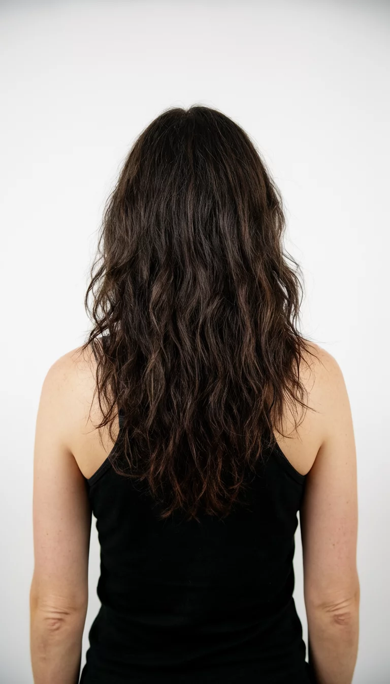casual photo of a 41-year-old woman wearing a black tank top with a long, wavy, dark brown hair hairstyle, back view, minimalist studio background