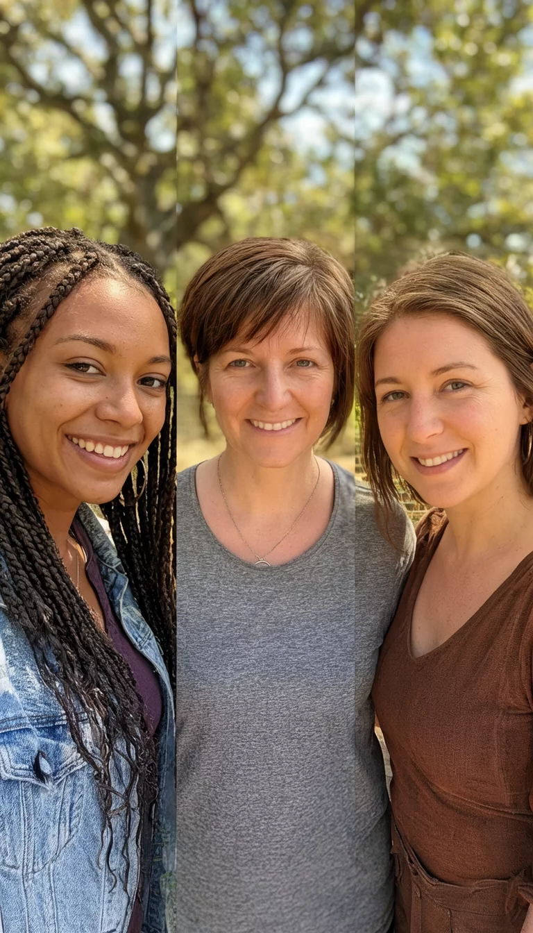 selfie of three women in a composite image, the first with braids, the second in a grey top with short brown hair, the third in a brown top with brown hair, front view, outdoor sunlight