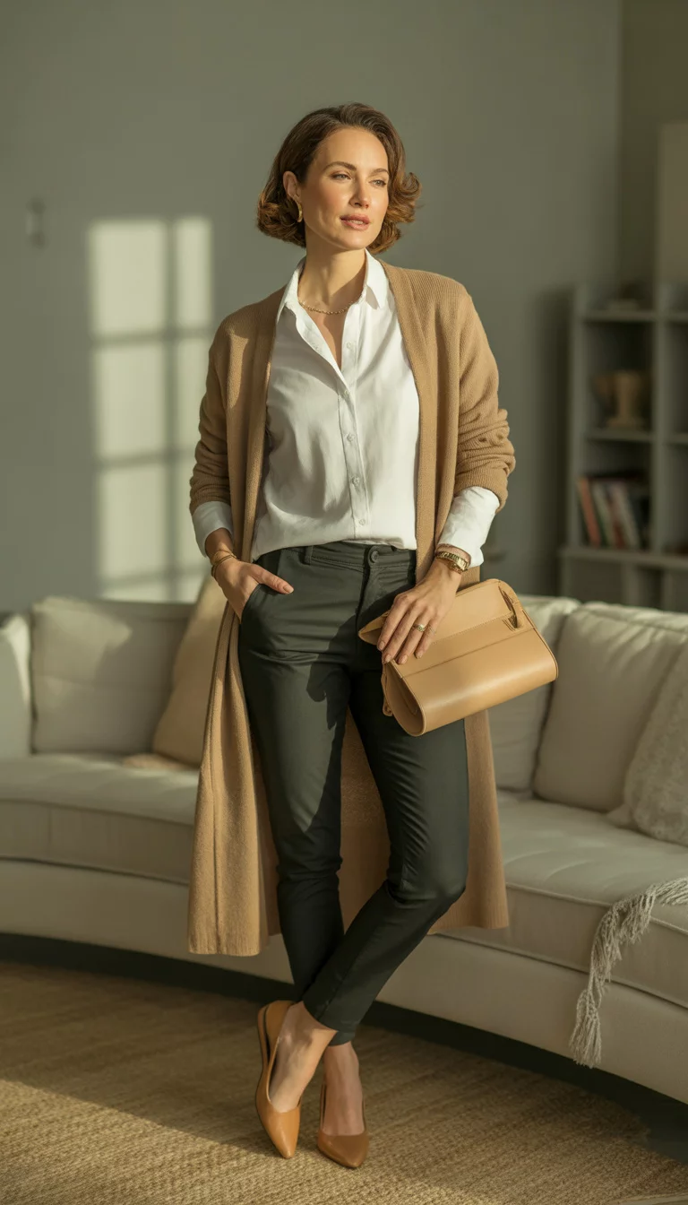 The Long Camel Cardigan A beautiful 38-year-old woman in a long camel cardigan, white button-down shirt, black slim-fit pants, tan pointed flats, and a beige leather purse.