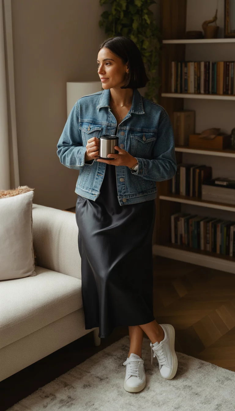 Denim Jackets Over Midi Dresses A beautiful 28-year-old woman in a denim jacket, black midi dress, and white sneakers, holding a stainless steel travel mug in a cozy living room.