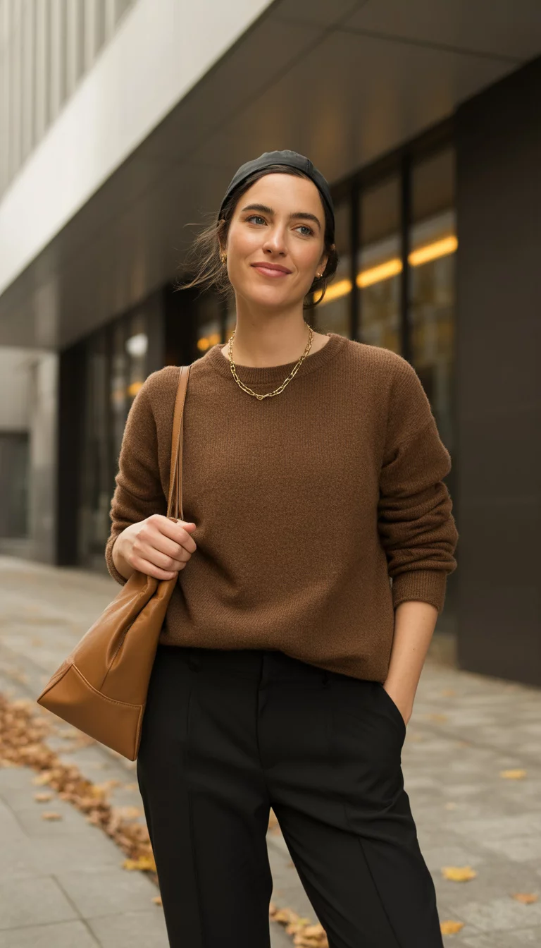 Capri Pants And Golden Details A beautiful 31-year-old woman in a brown sweater, black capri pants, a gold chain necklace, and a tan leather handbag, standing outside an urban building.