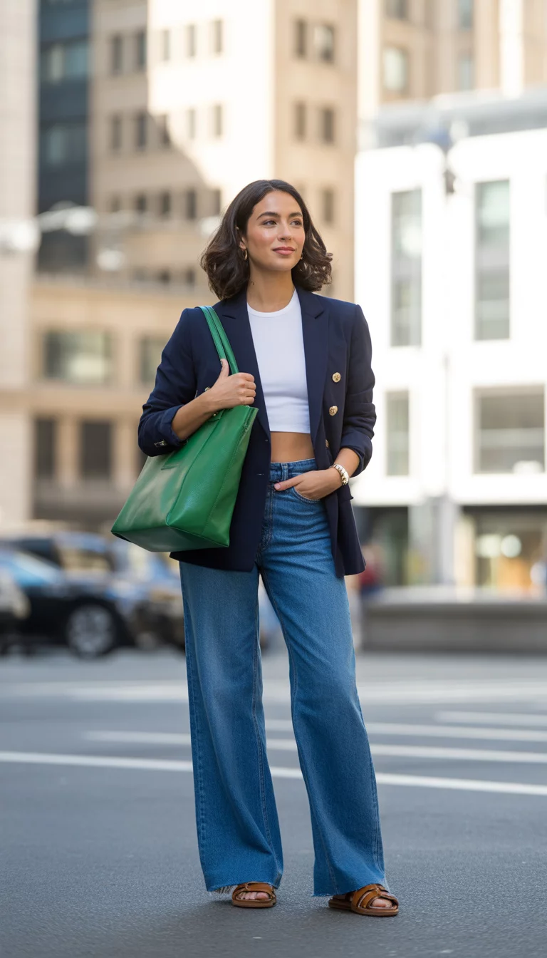 Denim At The Office Done Right A beautiful 36-year-old woman in a navy blazer, white crop top, wide-leg blue jeans, and brown leather sandals, holding a green leather bag.