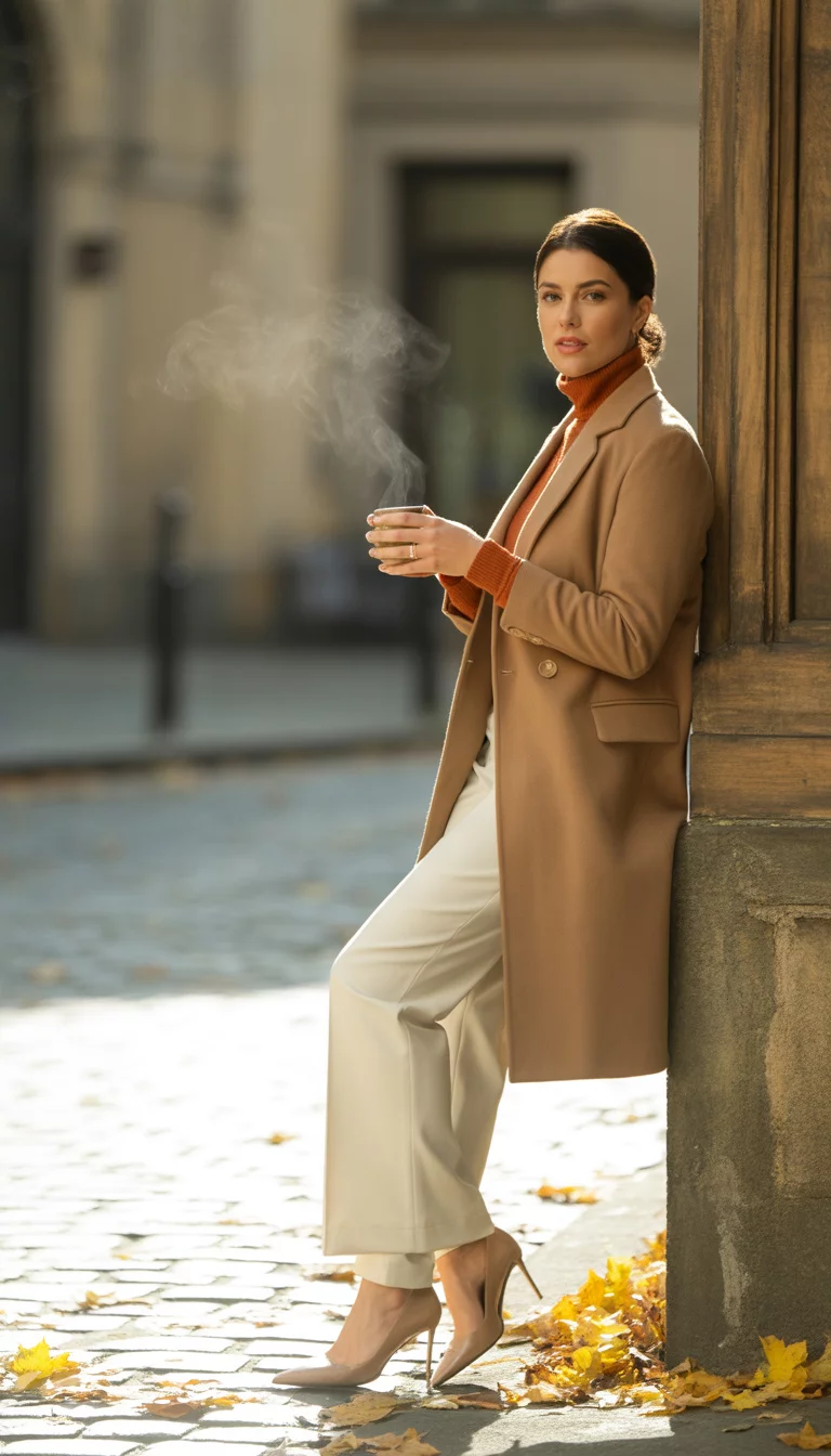 Orange Turtlenecks And Coffee Breaks A beautiful 30-year-old woman in a tan coat, orange turtleneck sweater, white pants, and nude heels, holding a coffee cup outside a stone building.