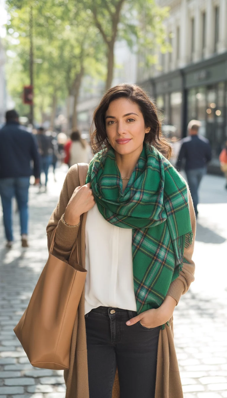 Incredible Plaid Scarves A beautiful 31-year-old woman in a tan cardigan, white top, dark wash jeans, and a large green plaid scarf, carrying a tan leather tote bag on a sidewalk.